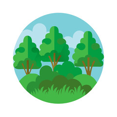 Obraz premium Stylized vector illustration of a green forest landscape scene