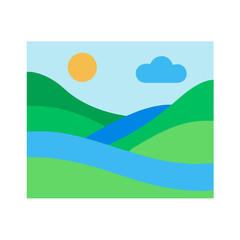 Fototapeta premium Minimalist flat illustration of landscape with river and sun