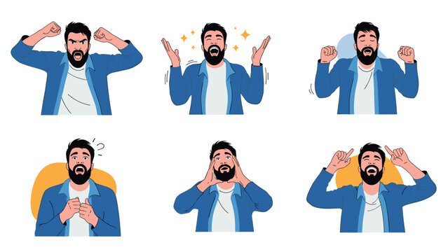 Collection of different facial expressions and emotions showing a bearded man in various states of anger, joy, and shock.