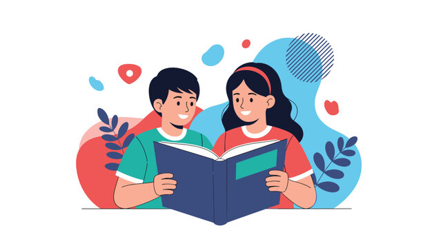Two cute children, a boy and a girl, sitting together and reading an interesting storybook with abstract backgrounds.
