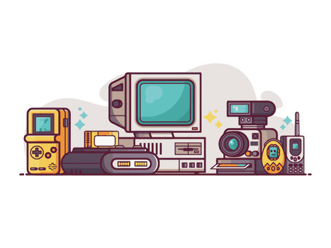90s retro gaming and technology equipment featuring old computer game console handheld player polaroid camera pager and electronic toys