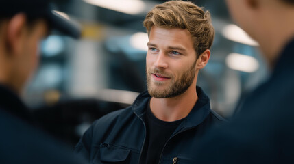 Obraz premium A service man trains new recruits in a workshop setting, demonstrating standard operating procedures and the importance of teamwork in service-oriented industries. cinematic color correction,