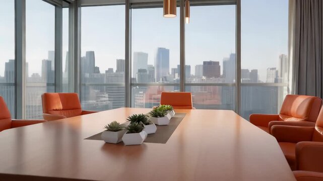 Modern executive boardroom with panoramic city skyline view featuring plush orange leather chairs and a sleek wooden conference table with minimalist succulent decor illuminated by contemporary