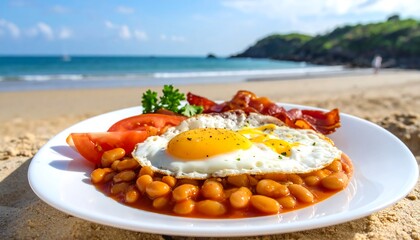 Delicious Beach Breakfast with Fried Egg and Beans.