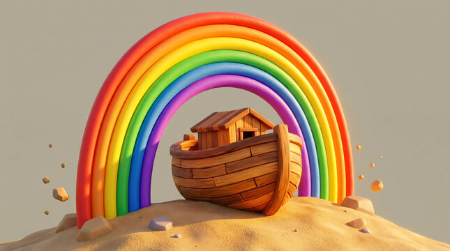Noah's Ark with a vibrant rainbow arching over a sandy hill