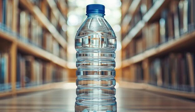 Clear plastic water bottle with dark blue cap standing on wooden floor in library aisle, symmetrical perspective with bookshelves on both sides

