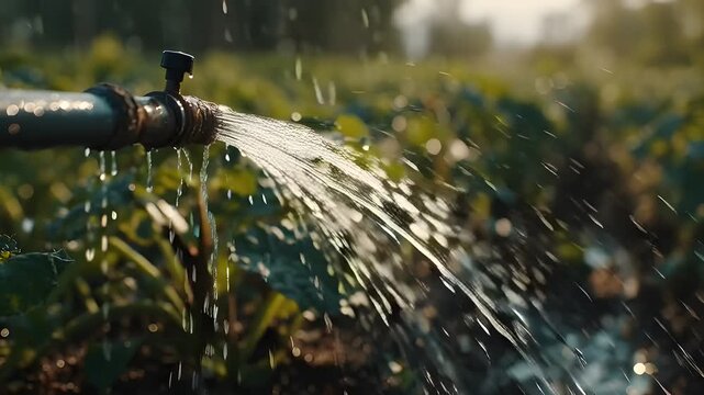 Water gushing from an irrigation pipe, nourishing green crops in a field, highlighting the essential role of water for growth and sustainable agriculture