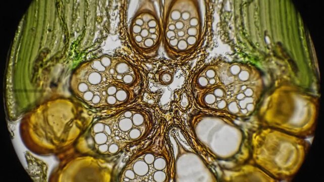 Microscopic cross-section of a plant stem with vascular bundles and plant cells, botanical study