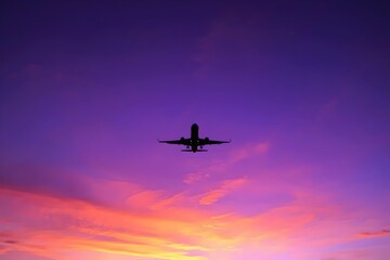 Naklejka premium Silhouette of passenger airplane flying in purple and orange sunset sky