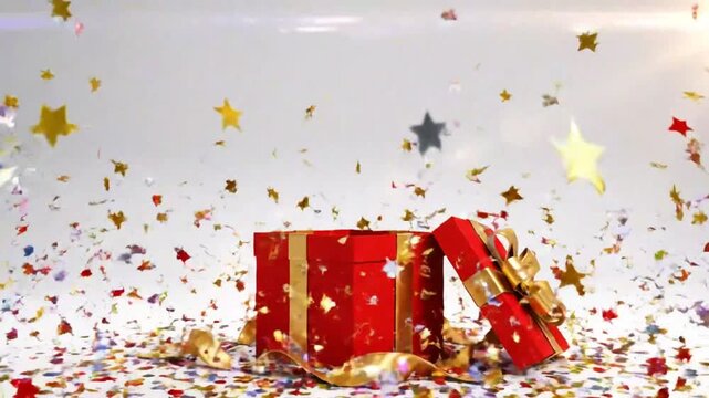 Red gift box exploding with colorful confetti and stars, gold bow, present reveal celebration surprise
