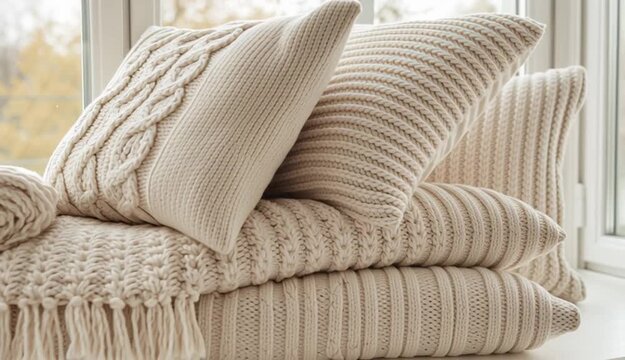 Stack of cozy knitted pillows and chunky knit throw blanket on white windowsill by large window, neutral beige and cream colored textiles with cable knit and woven textures
