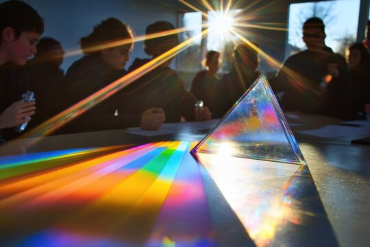 Students experiment with light and prisms in a classroom during afternoon sunlight