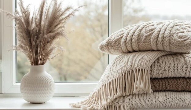 Stack of cozy knitted pillows and chunky knit throw blanket on white windowsill by large window, neutral beige and cream colored textiles with cable knit and woven textures
