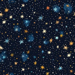 Fototapeta premium Seamless pattern featuring colorful stars and dots on a dark blue background, creating a whimsical night sky or starry night effect