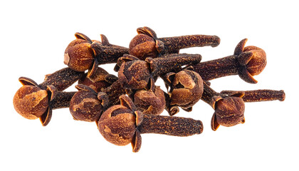 Fototapeta premium Close-up of dried, aromatic flower buds. Spices are a dark brown color, with small stems and a distinct round shape