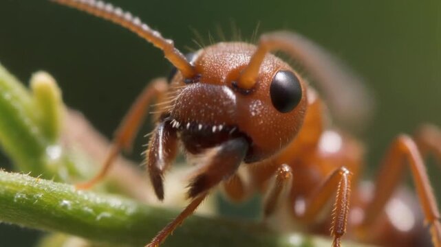 Close-up macro photograph captures a red ant poised on a plant stem, showcasing intricate details