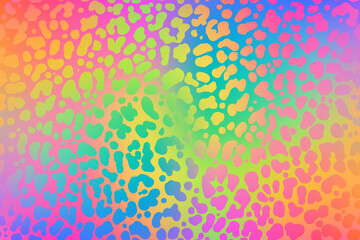 Vibrant animal print pattern with leopard spots in rainbow colors. Cheetah texture with irregular dots and neon ombre gradients for modern fashion design. Vector illustration © Sasha