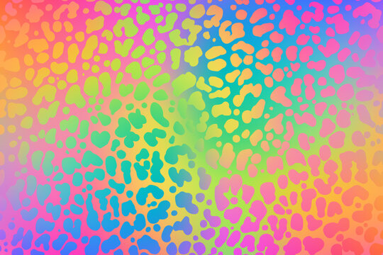 Vibrant animal print pattern with leopard spots in rainbow colors. Cheetah texture with irregular dots and neon ombre gradients for modern fashion design. Vector illustration