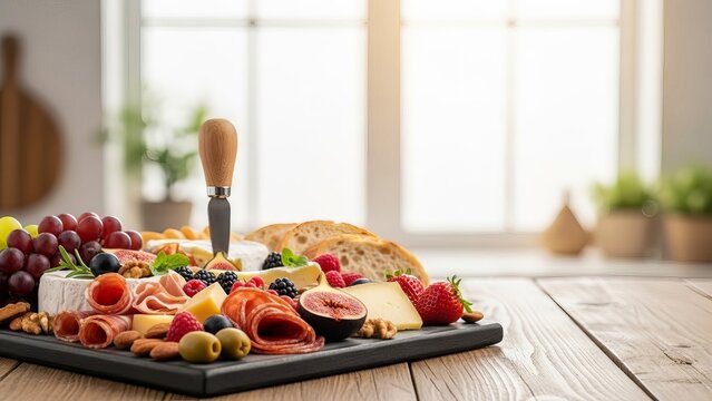 Gourmet Charcuterie Board with Sliced Meats, Cheeses, Fruits and Berries on a Wooden Table
