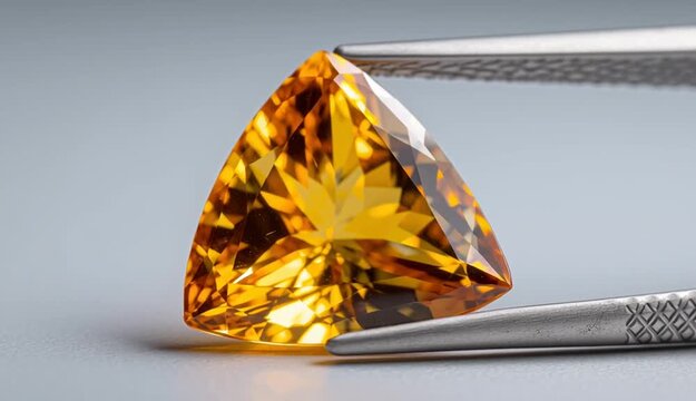 Trillion cut golden yellow citrine gemstone held by metal tweezers against neutral gray background, triangular faceted stone with brilliant orange-yellow color and internal reflections