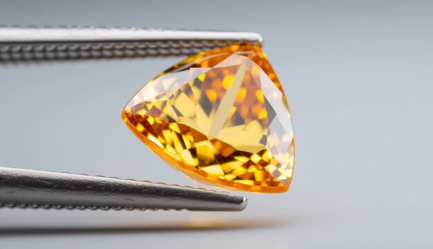 Trillion cut golden yellow citrine gemstone held by metal tweezers against neutral gray background, triangular faceted stone with brilliant orange-yellow color and internal reflections