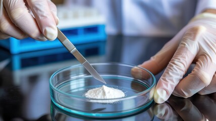 Scientist or forensic expert in white gloves using a scalpel to examine white powder sample in a petri dish in laboratory