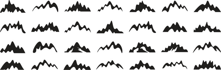 Mountains icon set. Black silhouette of mountains icon vector set. Adventure wildlife landscape, hike, travel illustration sign collection. Mountains vector illustration