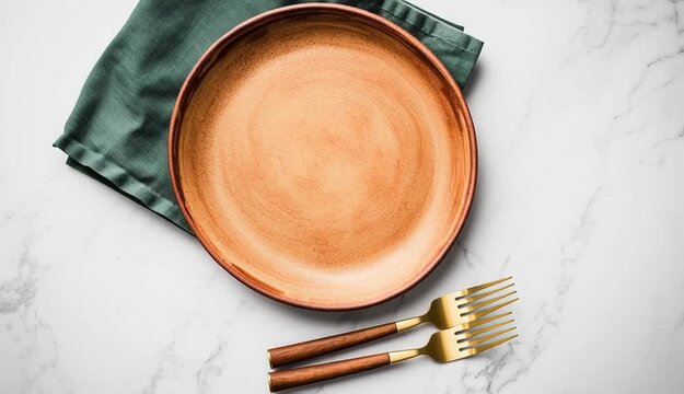 Empty rustic ceramic plate with brown terracotta rim on emerald green linen napkin, two gold brass forks with wooden handles placed on plate, white marble countertop

