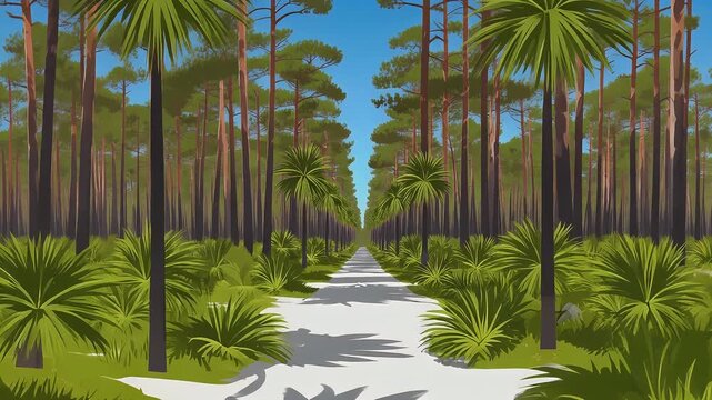 A stylized illustration presents a path through a sun-dappled forest. Tall trees line the way with palm trees punctuating the landscape