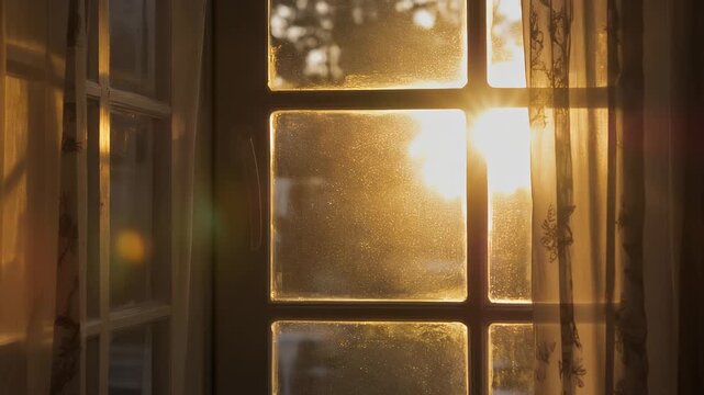 A sunlit window with cross-shaped panes, delicate sheer curtains, and warm golden light streaming through, creating a cozy and peaceful scene