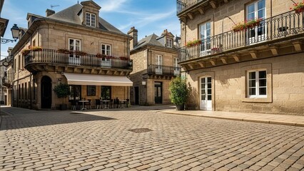 Fototapeta premium Charming European Town Square with Stone Buildings and Outdoor Cafe Seating