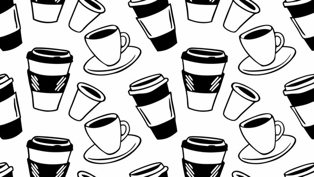 Seamless pattern featuring a variety of coffee cups in different styles on a white background design theme on transparent background silhouette