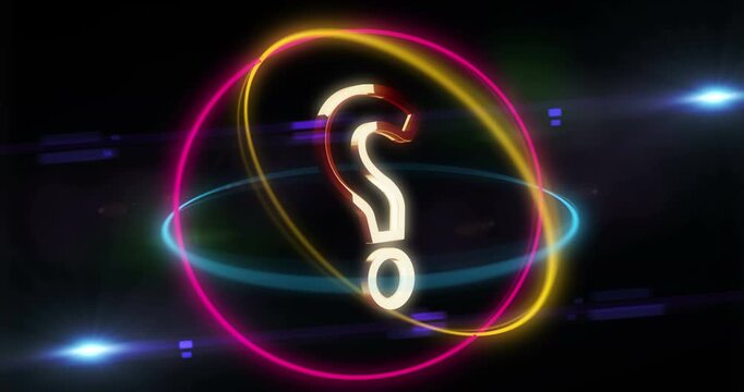 Question mark and quiz golden metal symbol in rotating neon 3d circles looped and seamless animation