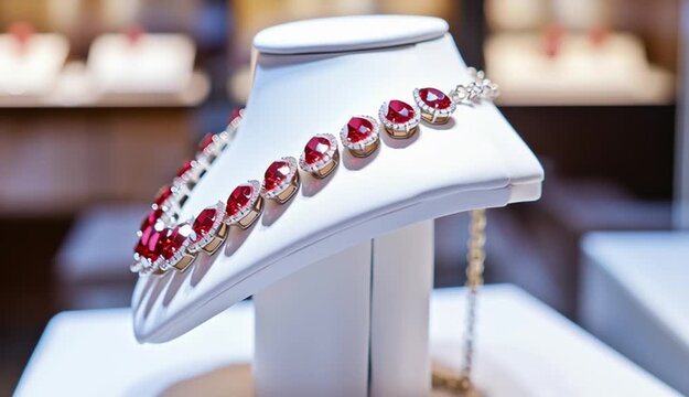 Luxury ruby red gemstone necklace displayed on white jewelry bust stand, statement necklace with large red rubys and small diamonds in gold or silver setting, cascading design with larger stones at 