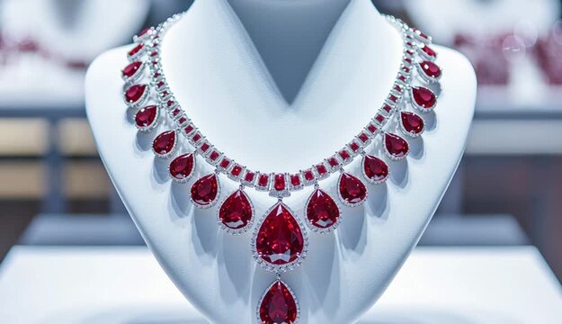 Luxury ruby red gemstone necklace displayed on white jewelry bust stand, statement necklace with large red rubys and small diamonds in gold or silver setting, cascading design with larger stones at 