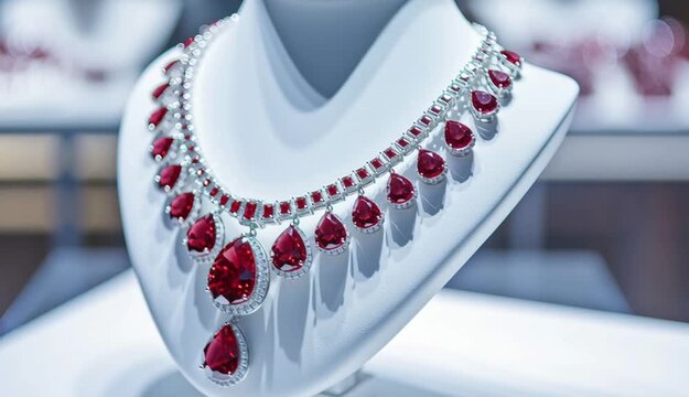 Luxury ruby red gemstone necklace displayed on white jewelry bust stand, statement necklace with large red rubys and small diamonds in gold or silver setting, cascading design with larger stones at 