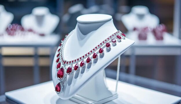 Luxury ruby red gemstone necklace displayed on white jewelry bust stand, statement necklace with large red rubys and small diamonds in gold or silver setting, cascading design with larger stones at 