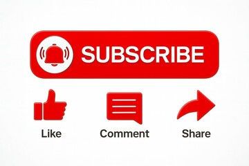 A call to action image with subscribe like comment and share buttons on a white background.
