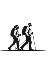 Active Seniors Silhouette Elderly Couple Hiking with Poles Healthy Aging and Retirement Vector