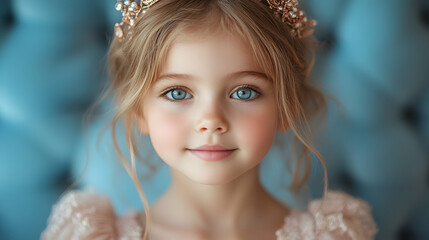 Naklejka premium Young girl with blue eyes and crown poses in a studio setting with a light background during daylight hours