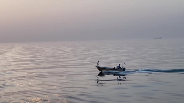 A fishing boat passing by a cargo ship on the Indian Ocean. Lonely fishing ship trawler boat on ocean water. Calm clear sea sunny weather. Beautiful horizon of seascape