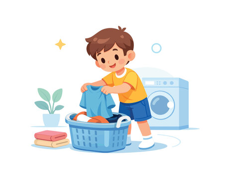 Boy doing laundry with basket and washing machine, flat vector illustration