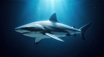 Obraz premium A majestic gray shark swims through the dark ocean waters with sunlight filtering down