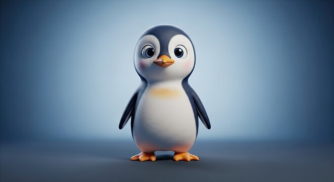 A cute cartoon penguin standing on a gray surface with a blue background