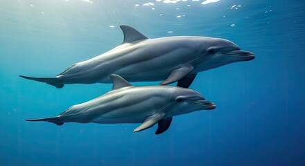 Two dolphins swimming together in the ocean