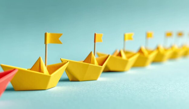 Red origami paper boat with small red triangular flag on wooden toothpick leading a row of yellow origami paper boats, all arranged in diagonal line on light turquoise blue surface