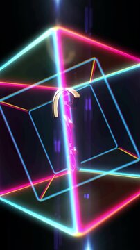Question mark and quiz golden metal symbol in neon 3d box looped and seamless vertical mobile animation