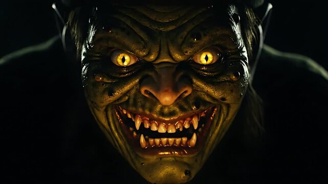 Menacing green goblin creature with glowing yellow eyes and sharp monstrous teeth is illuminated intensely by a hidden low light source in the dark.