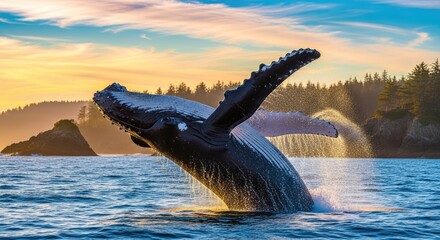 Fototapeta premium Humpback whale breaching in serene waters at sunset