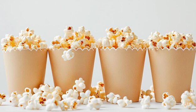  Five kraft paper popcorn cups filled with buttered popcorn arranged in a row on white surface, scalloped edge cups, golden yellow and white popcorn overflowing from tops
